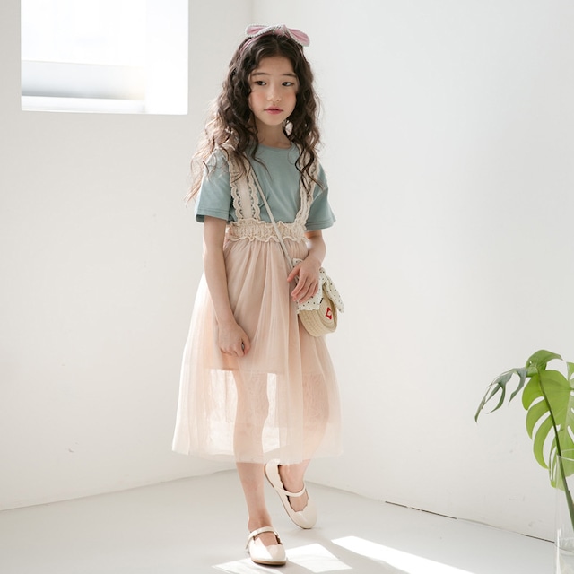 【夏新商品 ナチュラル サロペット レース シフォン ワンピース】ガーリー 涼し気 ベージュ ロング丈  ひざ下丈 子ども服 娘 キッズ ワンピース 子供服 女の子 カジュアル おしゃれ 発表会 春夏 肩ひも 送料無料