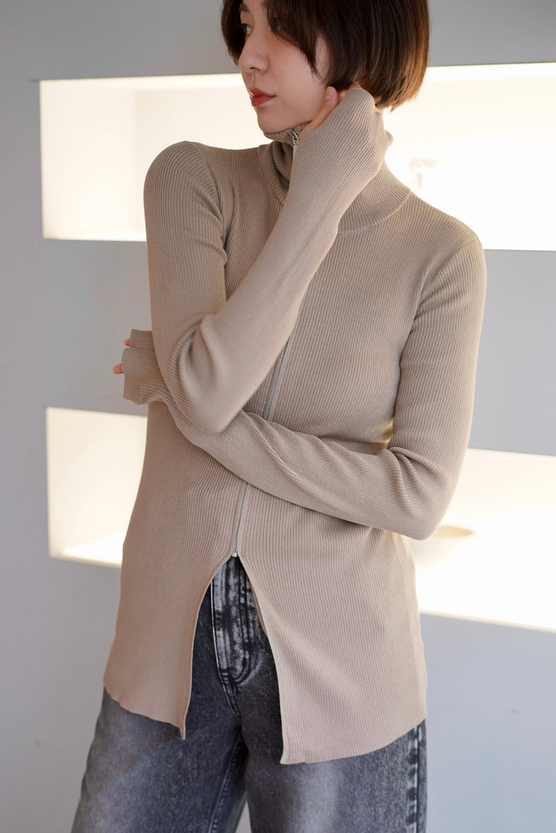 Hella zip up rib knit ジップアップリブニット Beige