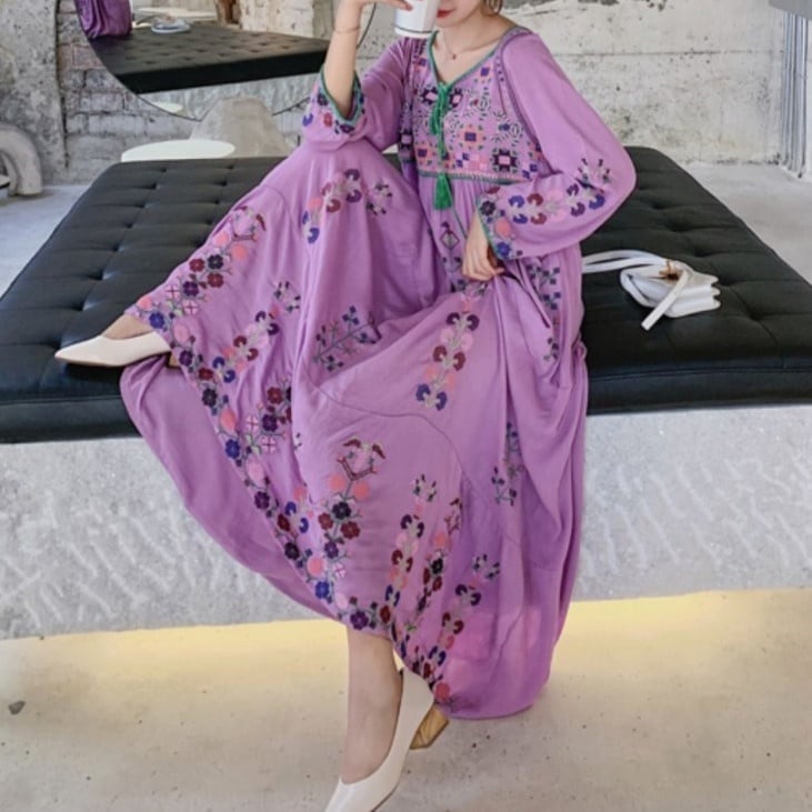ボヘミアン刺繍マキシ丈ワンピース（パープル） | alegre