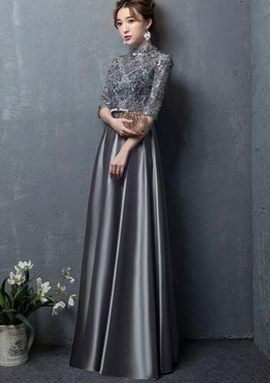 ★送料無料★9号（M)☆レース切替サテンロングドレス(OPN3642)