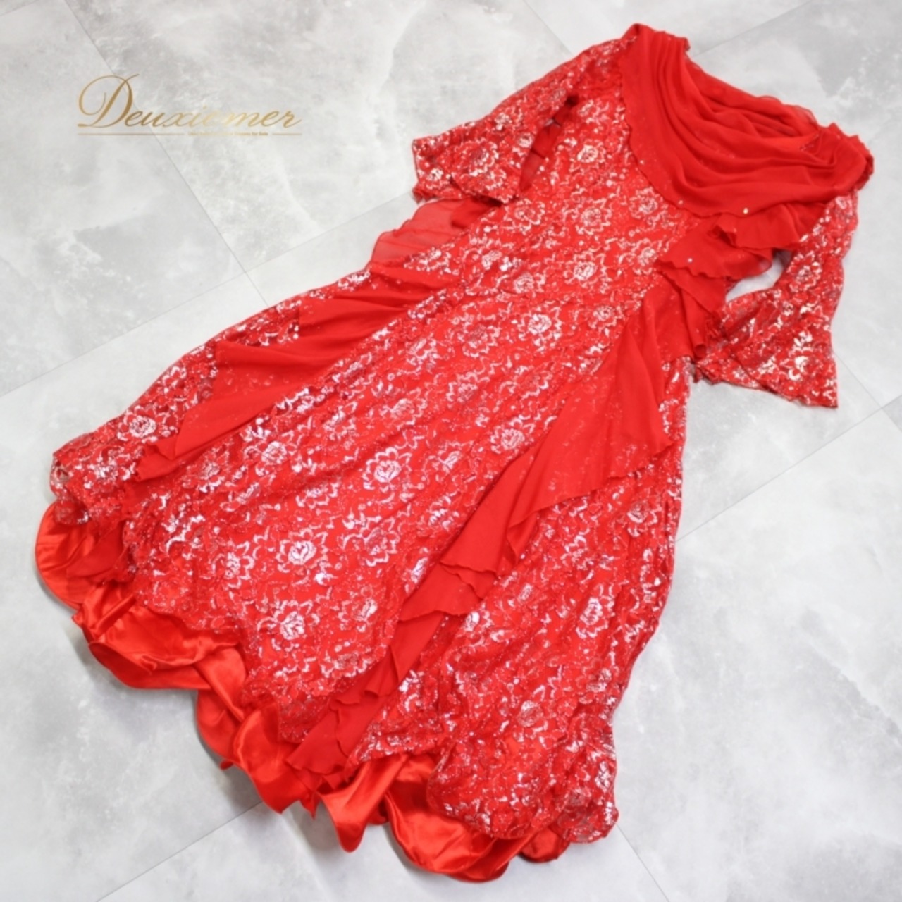 社交ダンス 衣装 スタンダード ドレス ワンピース パーティドレス prima boutique プリマブティック レッド系 赤 シルバー系 花柄 高品質 ドレス ふんわりスカート ラインストーン 結婚式 フォーマル パーティー イベント ダンス衣装 女性用 ショー衣装 フラメンコ おしゃれ 派手 シルエット 華やか 伸縮性 パーティコーデ 結婚式衣装 社交ダンス衣装 レースデザイン