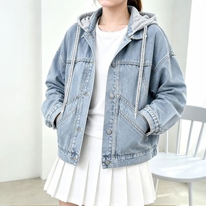 デニム ジャケット レディース 春秋 韓国 ストリート フード付き Gジャン レイヤード風 ドッキング 長袖 バックボタン ドローコード ゆったり 体型カバー 甘辛MIX カジュアル 羽織り [LF-CGJ001]