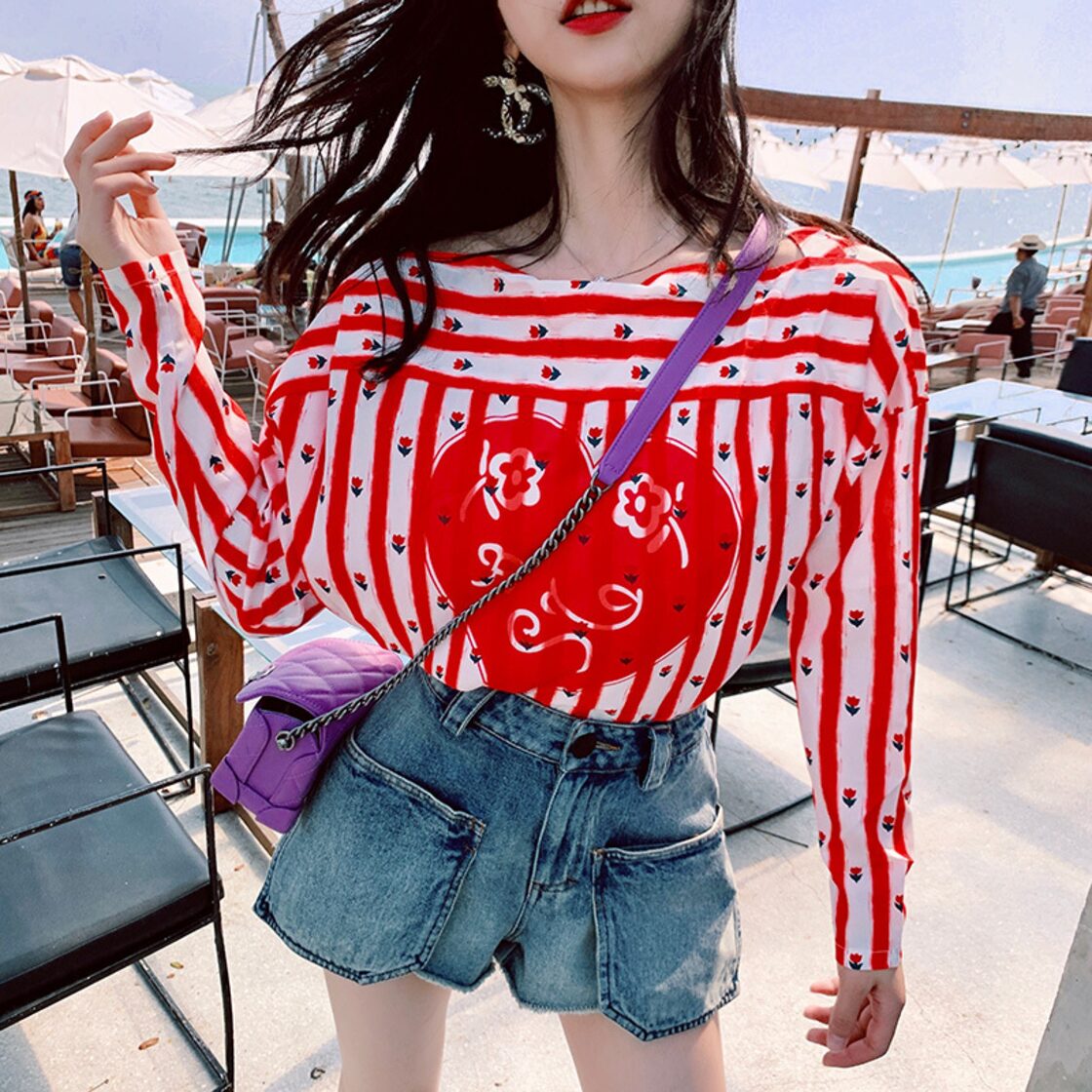 ♥ トップス レッドシャツ ルーズストライプ ♥♥欧州 ヨーロッパ