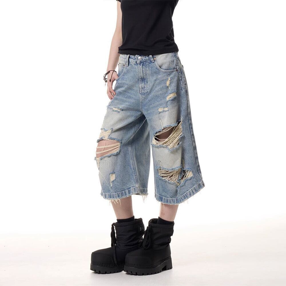 【送料無料】 デニムパンツ ダメージ加工 レディース デニム ワイド ジーンズ 韓国 ストリート アメカジ ヴィンテージ 柔らかい レトロ ウォッシュ加工 春夏 Aライン ゆったり 大人可愛い 大人女子