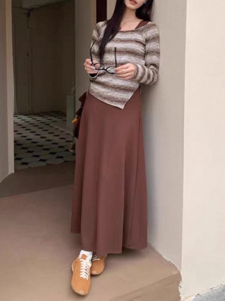 秋色でつくる大人の余裕コーデ マーブル調ニットトップス+キャミワンピース セット コーデ おしゃれ 大人可愛い きれいめ 上品 着回し 大きいサイズ 韓国 CH11105