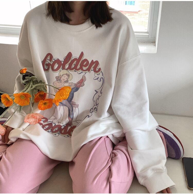 【新作】【送料無料】 女性のための怠惰なスタイルのプリントラウンドネックルーズ長袖 T シャツトップトレンディなイン 0345101807996