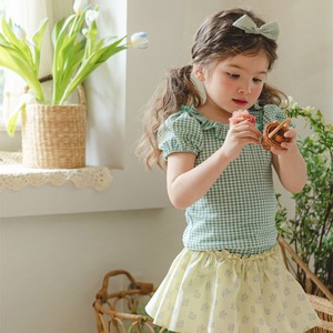 夏チェック柄ラウンドネックTシャツ