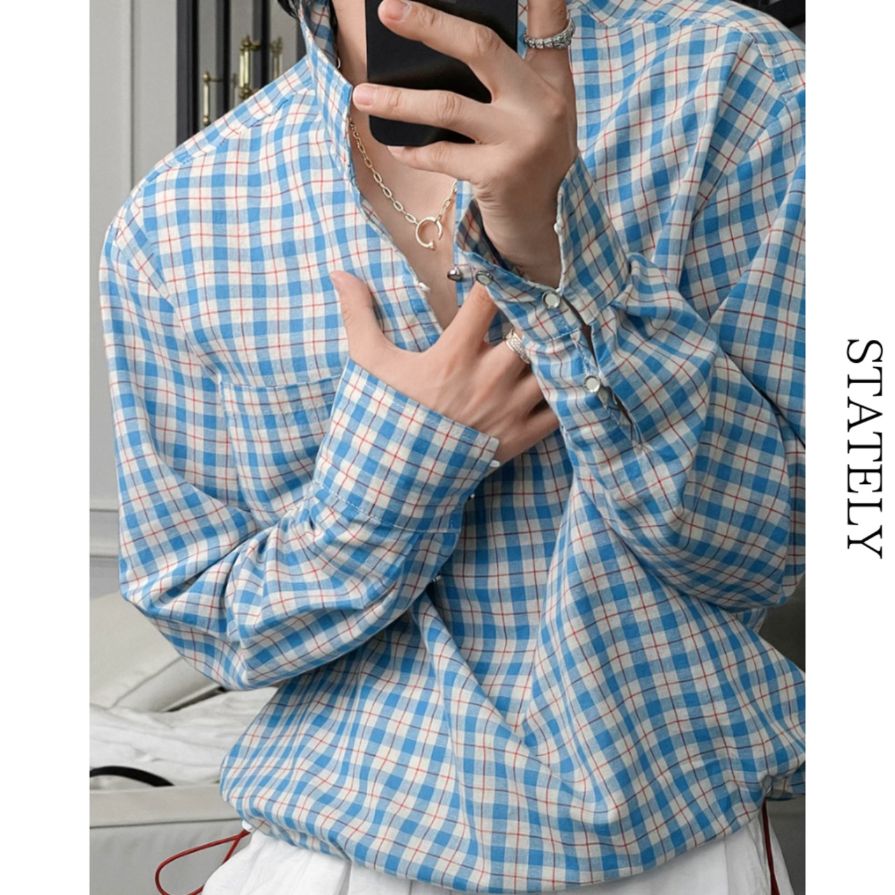 Sky Check スタンドカラーシャツ/2color_T240・画像2