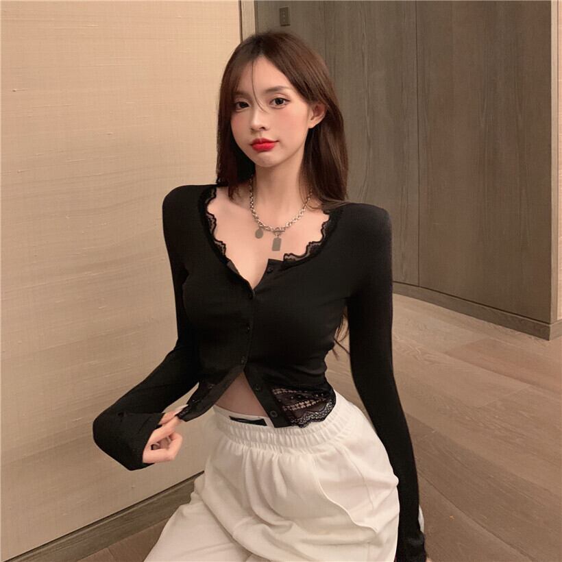 ソリッド カラーレーススリムTシャツ カーディガン ロング ソリッドカラー ガールズファッション53282418960