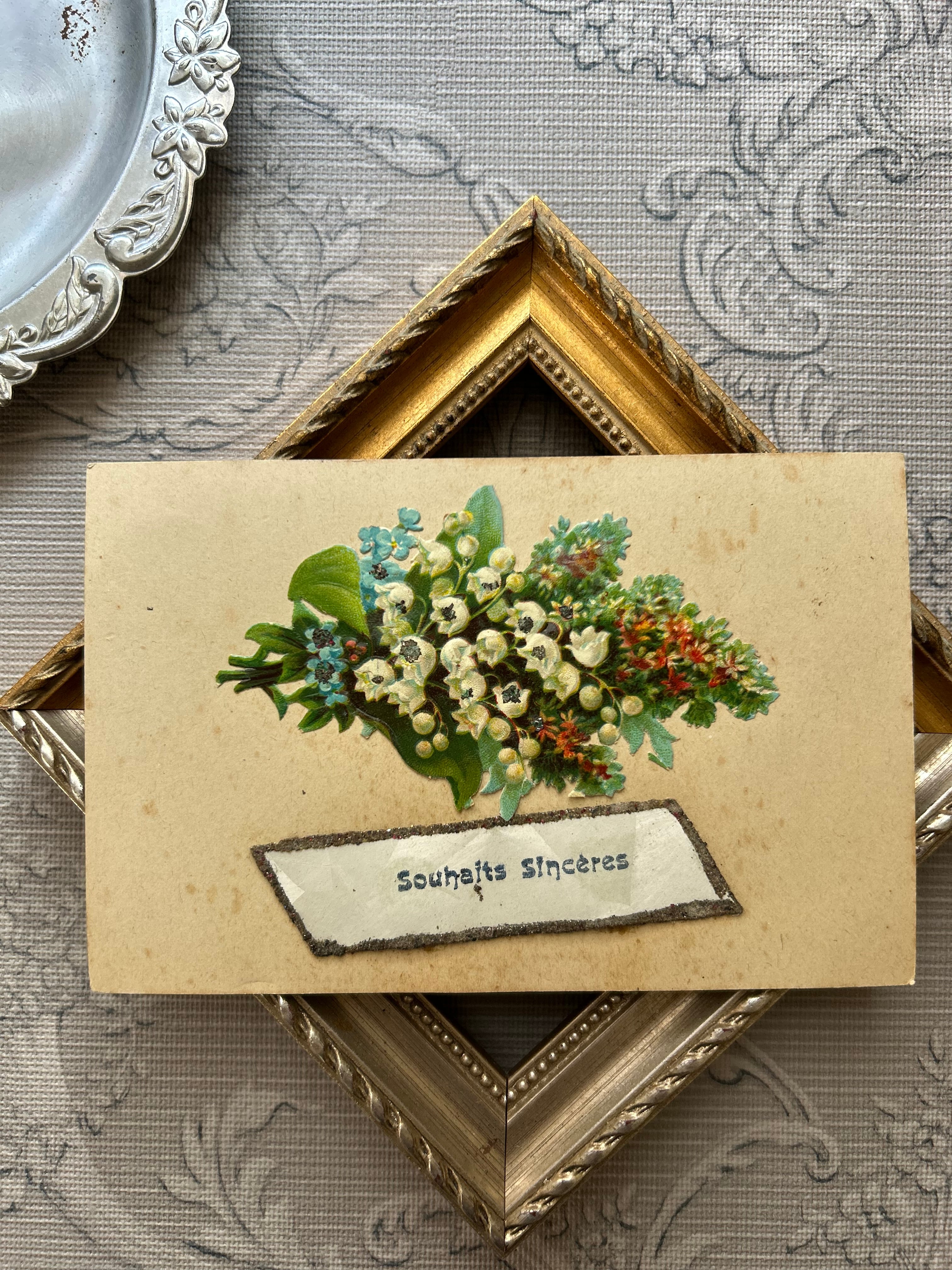 フランス アンティークポストカード Muguet すずらん 勿忘草 クロモス グリッター加工 額装 インテリア