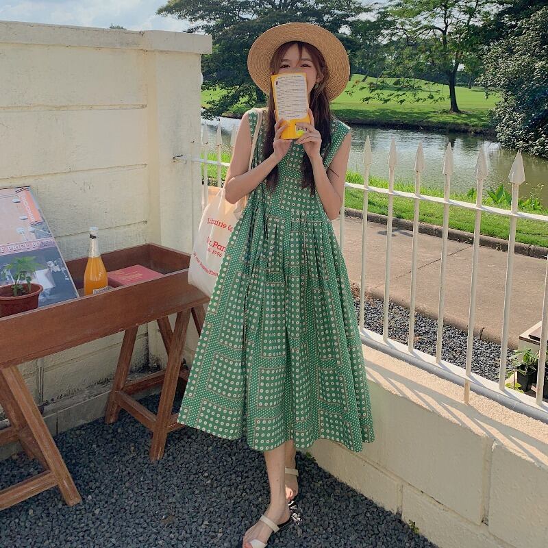 スカート サマードレス スタイルプリントジッパーノースリーブラウンドネックミディ 夏物 Oネック 1号婦人93673746119