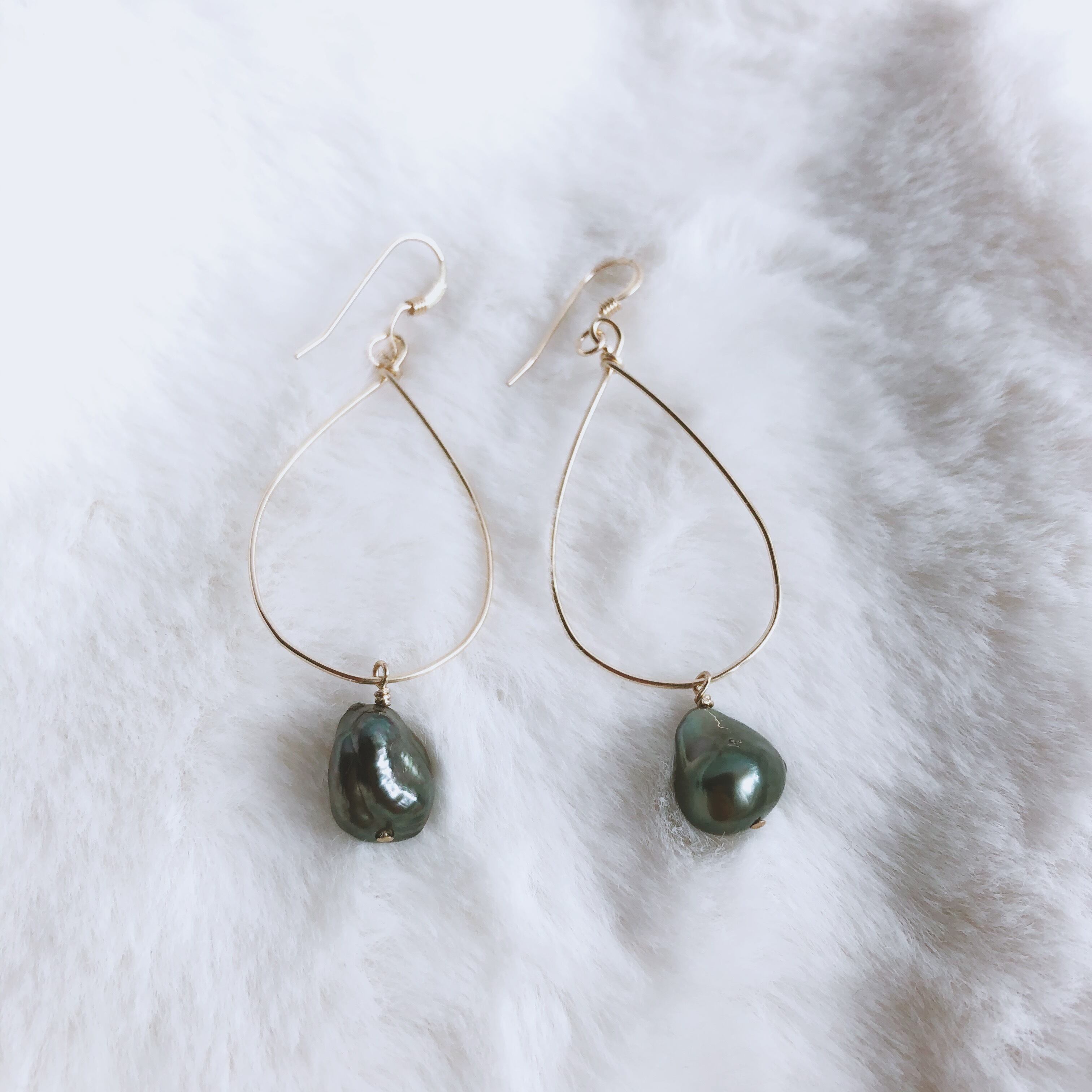 14kgf ケシパールとハーキマーダイヤモンドのフープピアス