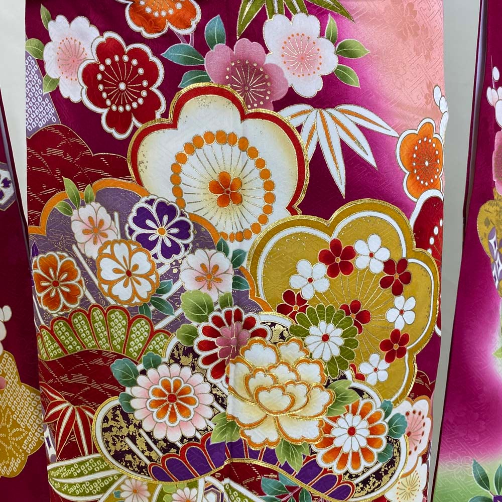 振袖 中古 大きい ラメ入り 赤 ピンク 絞り柄 桜 正絹 美品 LLサイズ