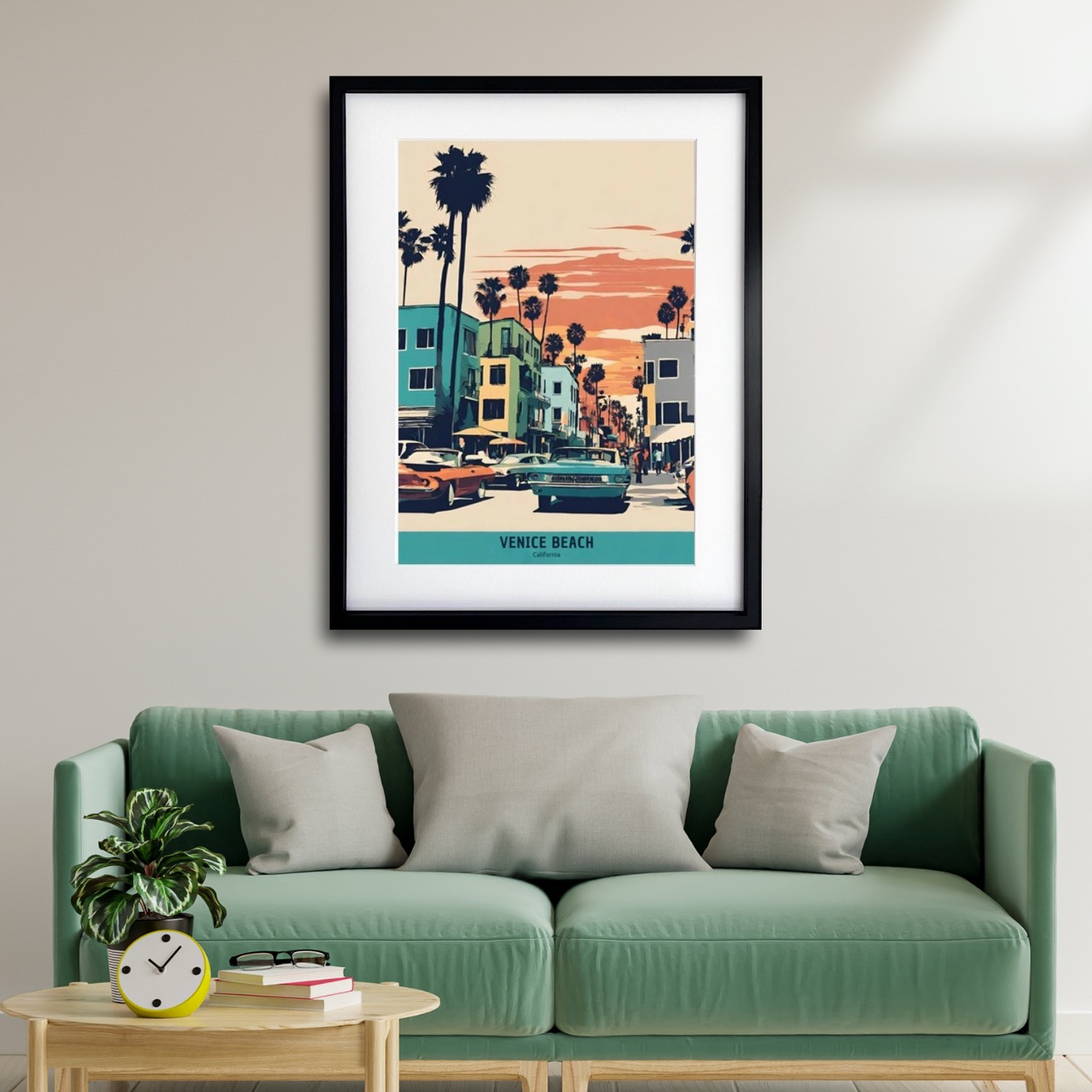 Venice Beach｜西海岸ベニスビーチを描くレトロアートポスター｜夏インテリアに合うヴィンテージデザイン｜A2ポスター