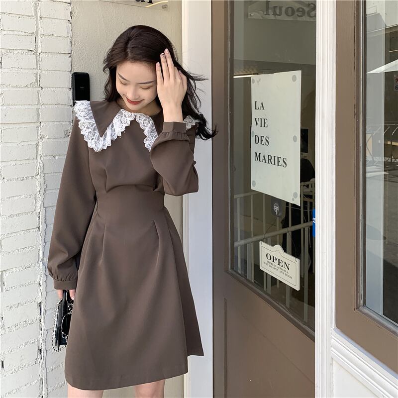 送料無料 双子コーデに レトロデザイン ラテカラー ビックカラー ミニワンピース レース襟 Lamitte Deco トレンド 韓国ファッション ショップ Base店
