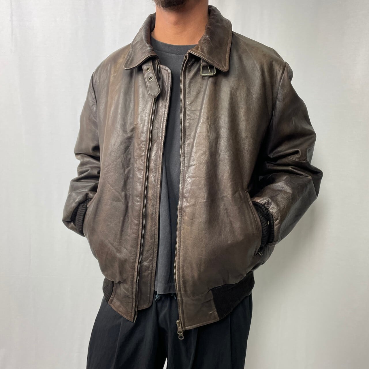 PIED POULE SPORT レザーブルゾン フライトジャケット メンズL 古着 