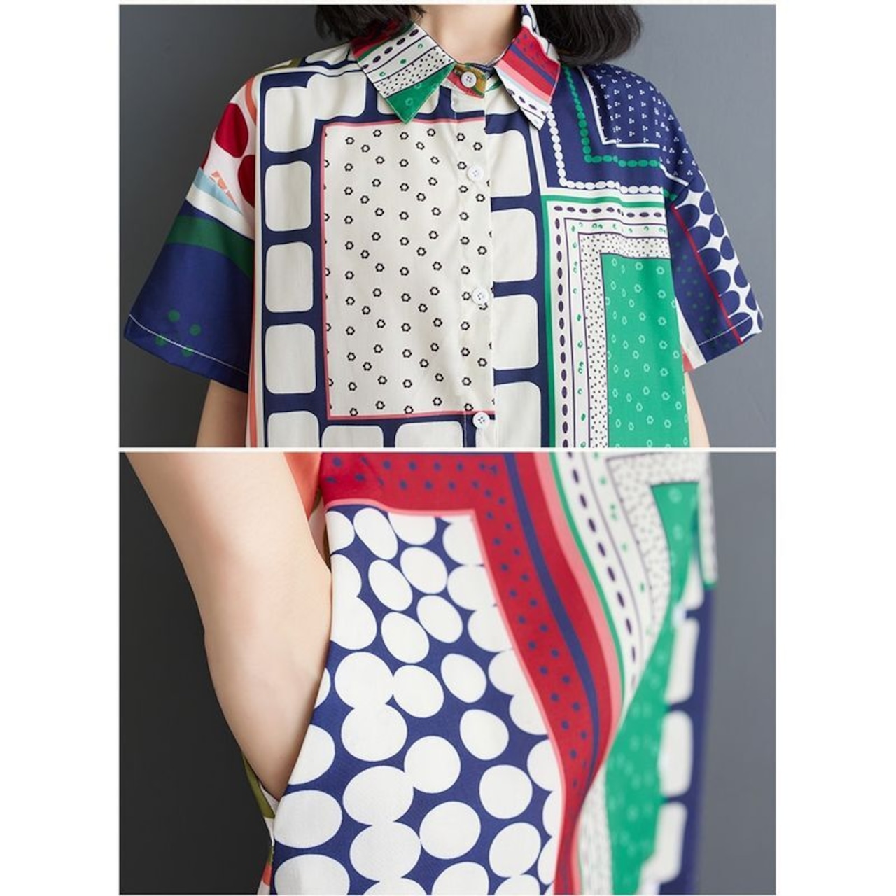 幾何柄 配色 シャツワンピース 30175