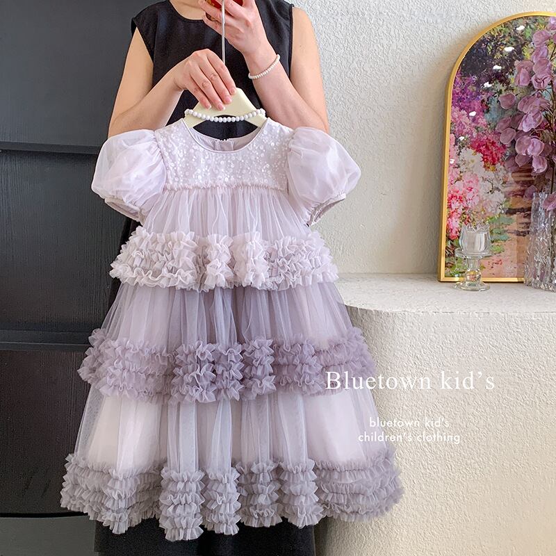 【予約販売】100-150cm 何層にも重なった波打つフリル♡ぽわん袖が愛らしいティアードボリュームパフスリーブドレス