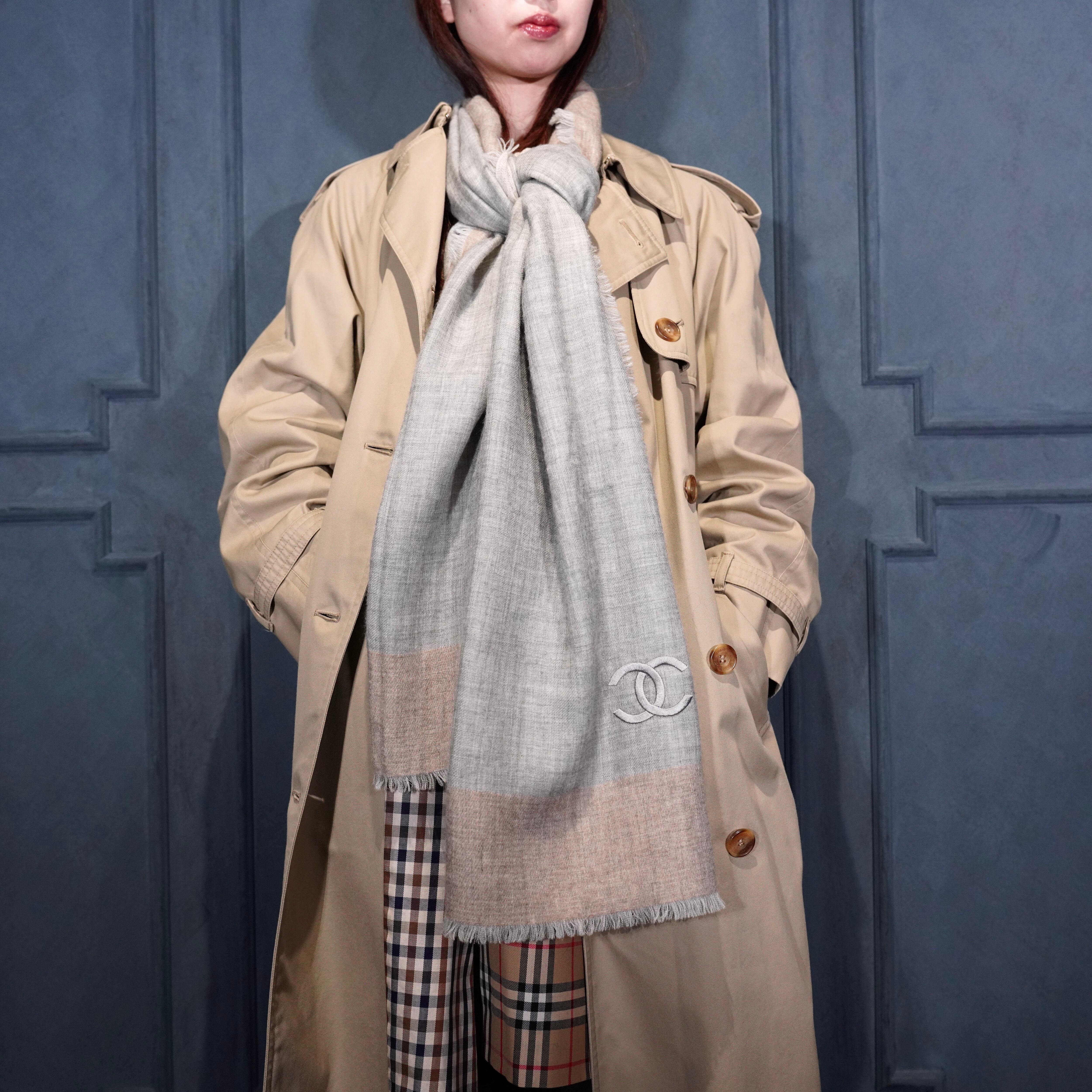 CHANEL COCO MARC DESIGN CASHMERE100% LARGE SIZE SHAWL MUFFLER MADE