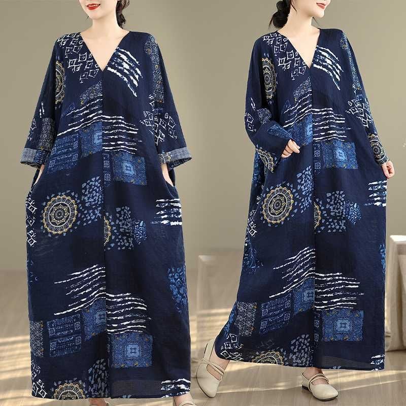 ETHNIC PRINT V-NECK WIDE MAXI PULLOVER DRESS 1color M-16042
