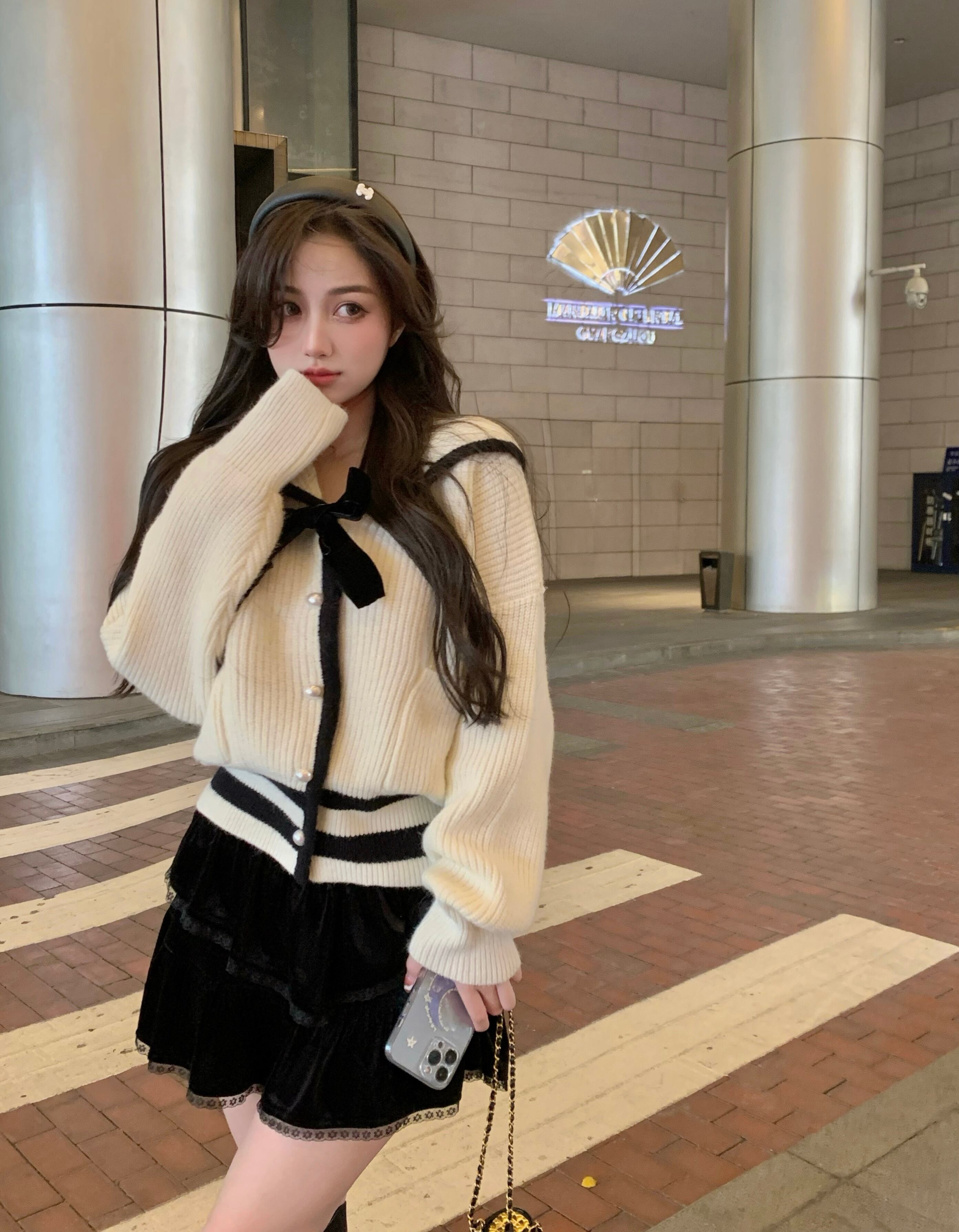 スタイルオータムウィンタールーズニットセーター ハイウェストウェストブラックベルベットスカート ロング 大人ガーリー スウィート キュート カジュアル 秋物 冬物 ガールズファッション26482495598