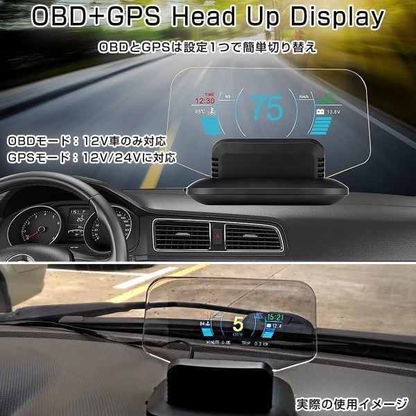 HUD ヘッドアップディスプレイ C1 OBD2+GPS 27の機能+48種類のフルカー