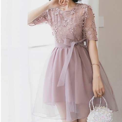 ワンピース ドレス ラウンドネック 花柄刺繍 5分袖 ミニ丈 刺繍 レース ウェストリボン お呼ばれ シフォン 春夏 レディース　BADB0015