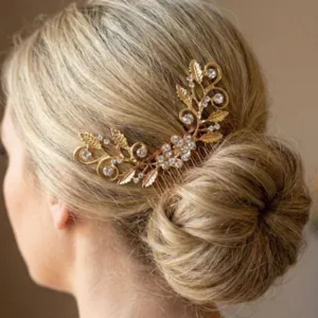 ゴールド フラワーリーフ ヘアコーム | ボタニカル 葉 花 アップスタイル
