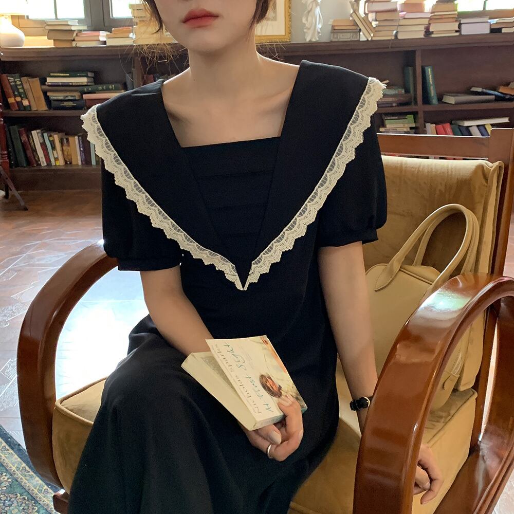 レースサイドネイビーカラードレス サマーブラックカジュアルロングスカート 夏物 ビッグFスモールZ韓国70967430204