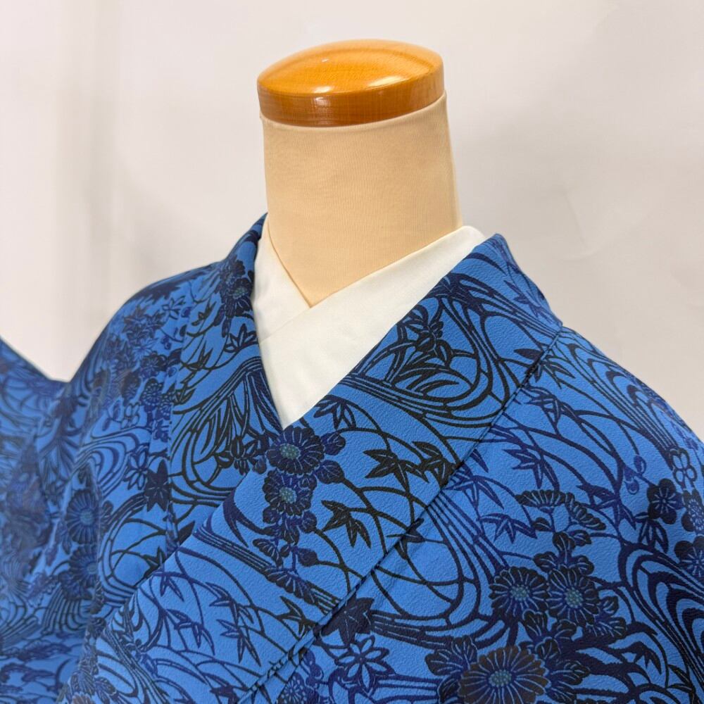 小紋 洗える着物 裄68.2cm 身丈164.5cm 花柄 袷 普段着 ポリエステル 中古 青色 L サイズ 6616