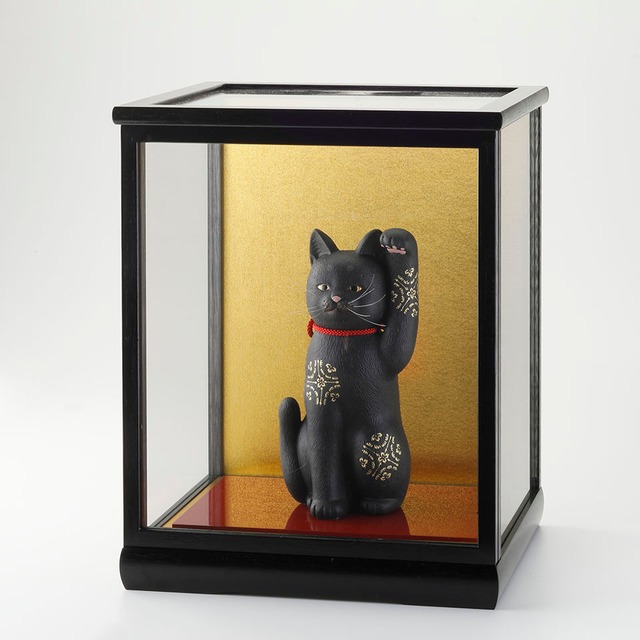 京雅 招き猫 黒（硝子ケース付き）Kyomiyabi manekineko（black）with glass case