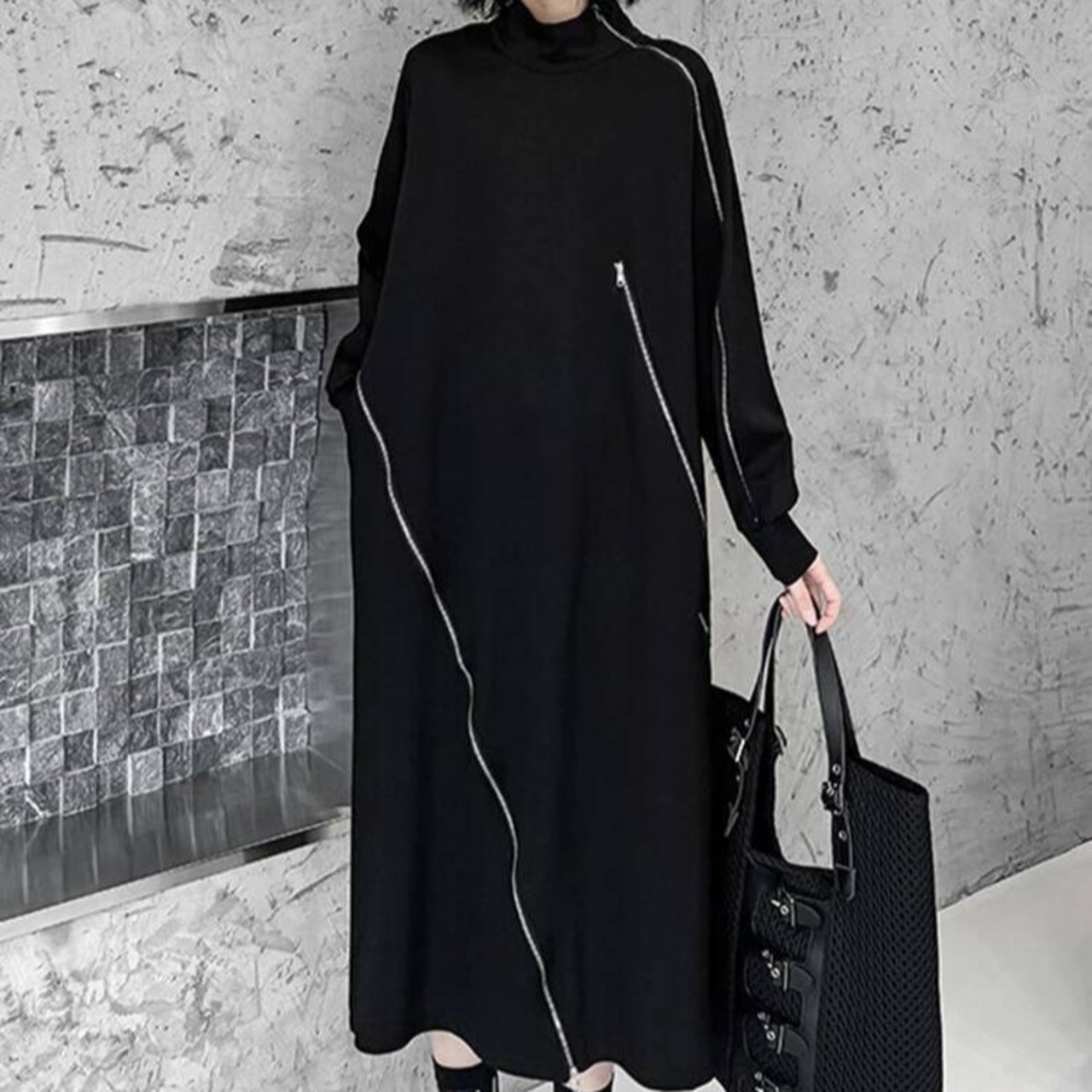 Black Irregular Zipper Dress / ブラック イレギュラー ジッパー ドレス ワンピース
