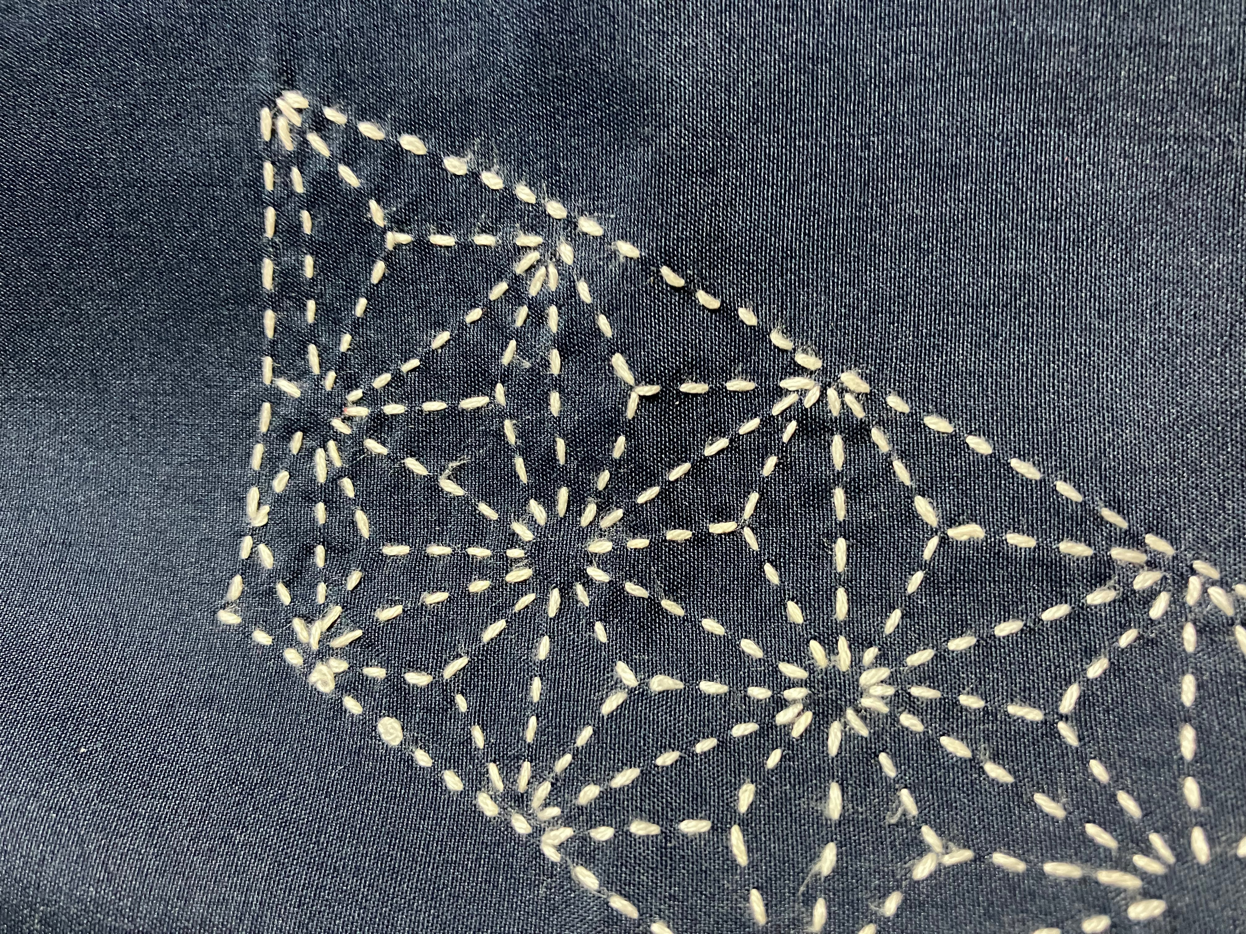 紬名古屋帯（紺地刺子刺繍の麻の葉とぶどうの葉）