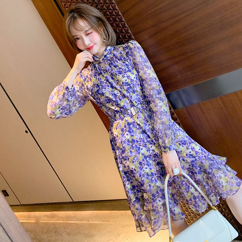 スタンドカラーカラーストレッチウェストプリントラッフルドレス スプリング エラスティック 伸縮 春物 MIUCO12770231067