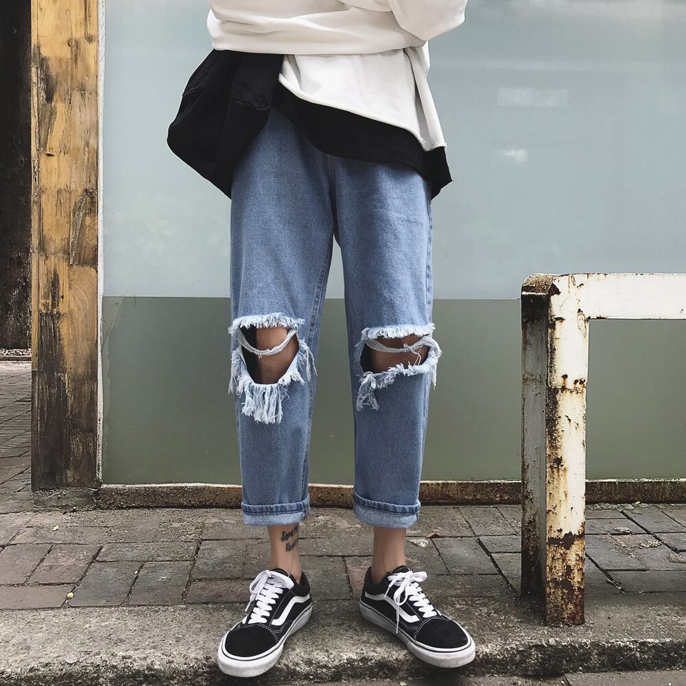 全2色 デニム パンツ ストレート カジュアル ダメージ 無地