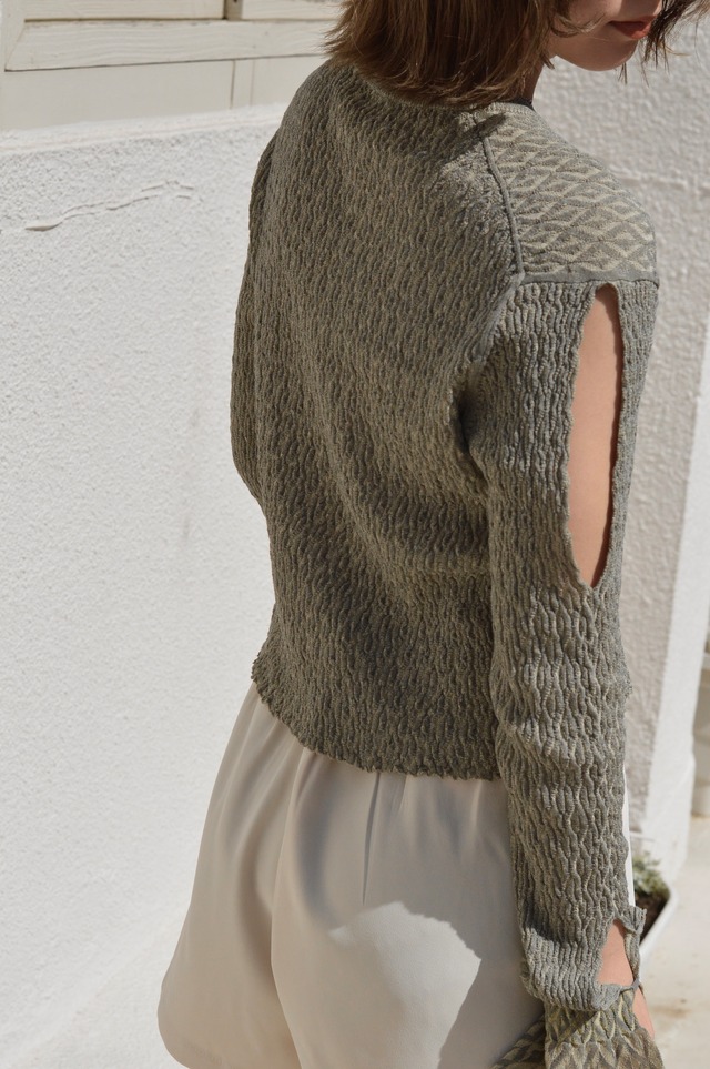 Links Pattern Sleeve Slit Pullover / GRAY×YELLOW