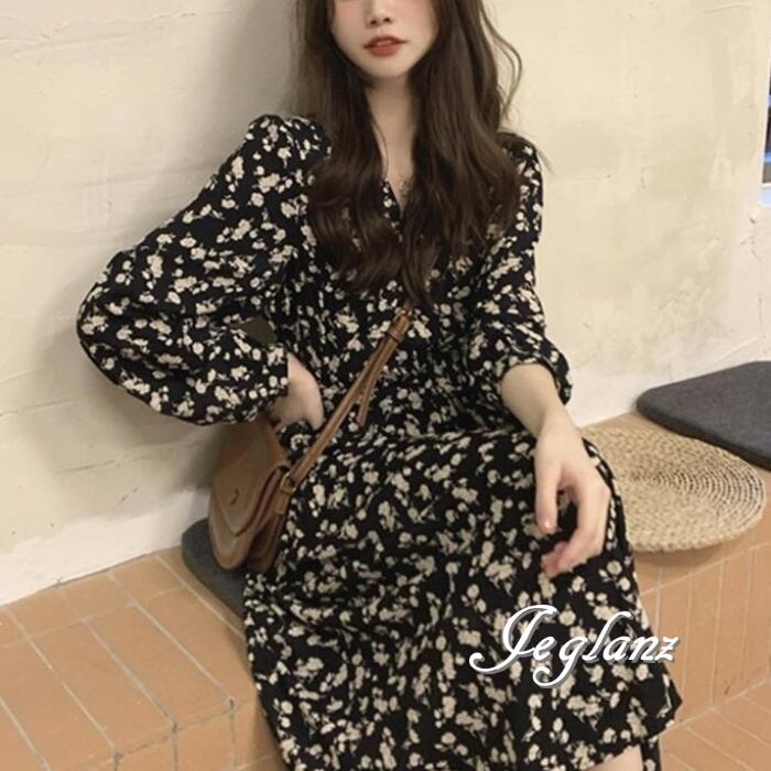 花柄 プリント カシュクール ワンピース きれいめ 紐ベルト 2色(M7692)γα