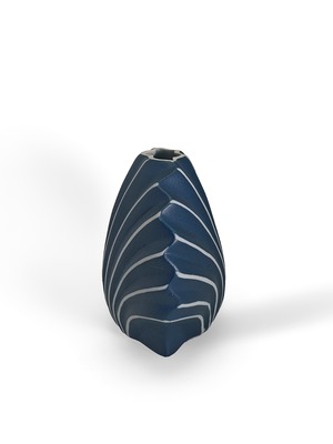 ヴィンテージ雑貨 青白ラインのシェル型陶器花瓶