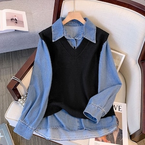 LONG SLEEVES BLUE DENIM SHIRT & BLACK V-NECK KNIT VEST 2pieces 2colors M-8721