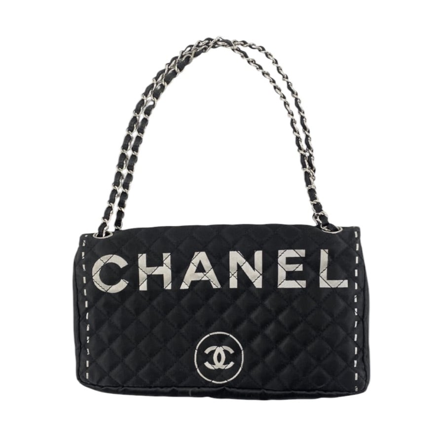 Extremely Rare ◇ CHANEL Shoulder Bag, Matelassé Logo Bag, 2-Way Chain Shoulder Bag, Black and Silver, 12000042