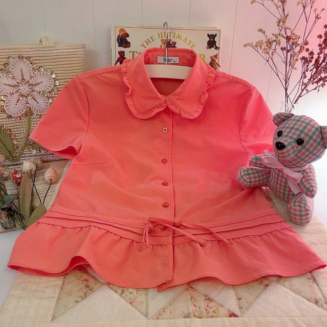 fluorescent pink frill blouse