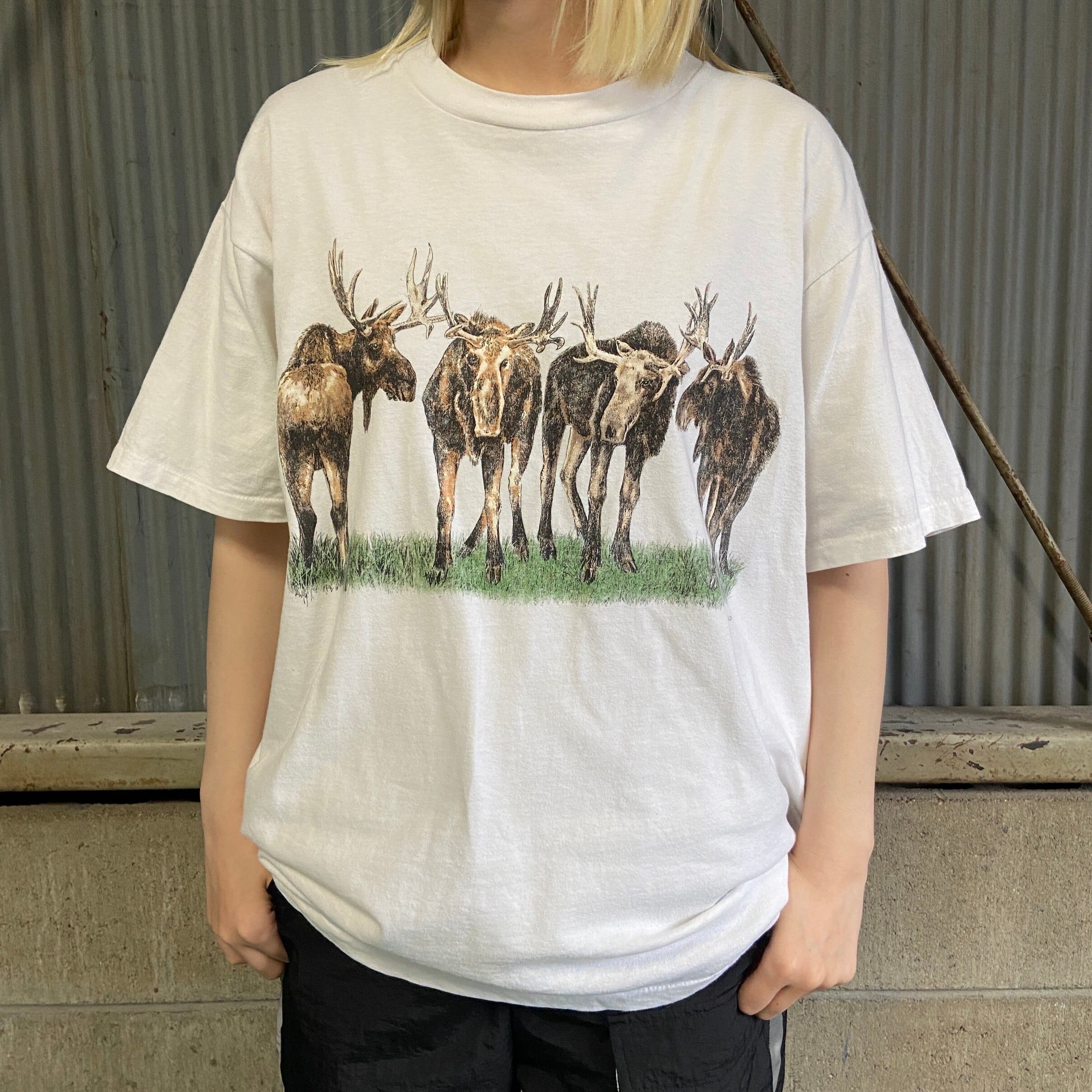 90年代 ヘラジカ アニマル アート 両面プリントTシャツ メンズL 古着 