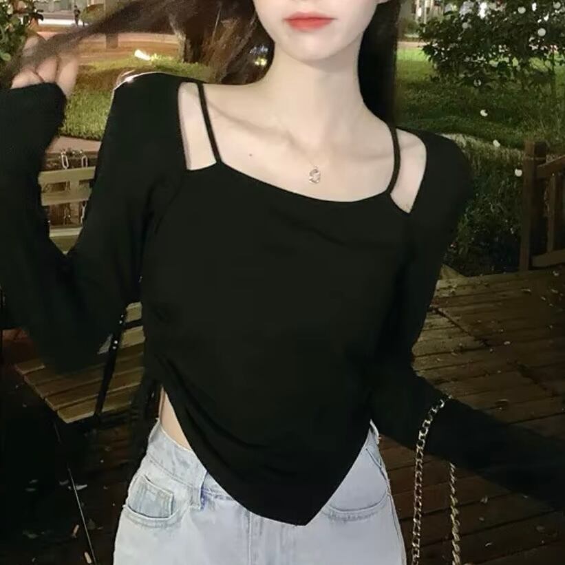 レイヤー風シャーリングロングTシャツ