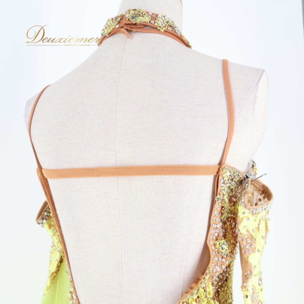 社交ダンス 衣装 スタンダードドレス ワンピース ドレス グリーン系 イエロー系 黄緑 黄色 蛍光 フロート レース フリル デモ 競技 ダンス パーティ 発表会 華やか 明るい色 衣装 発表会用