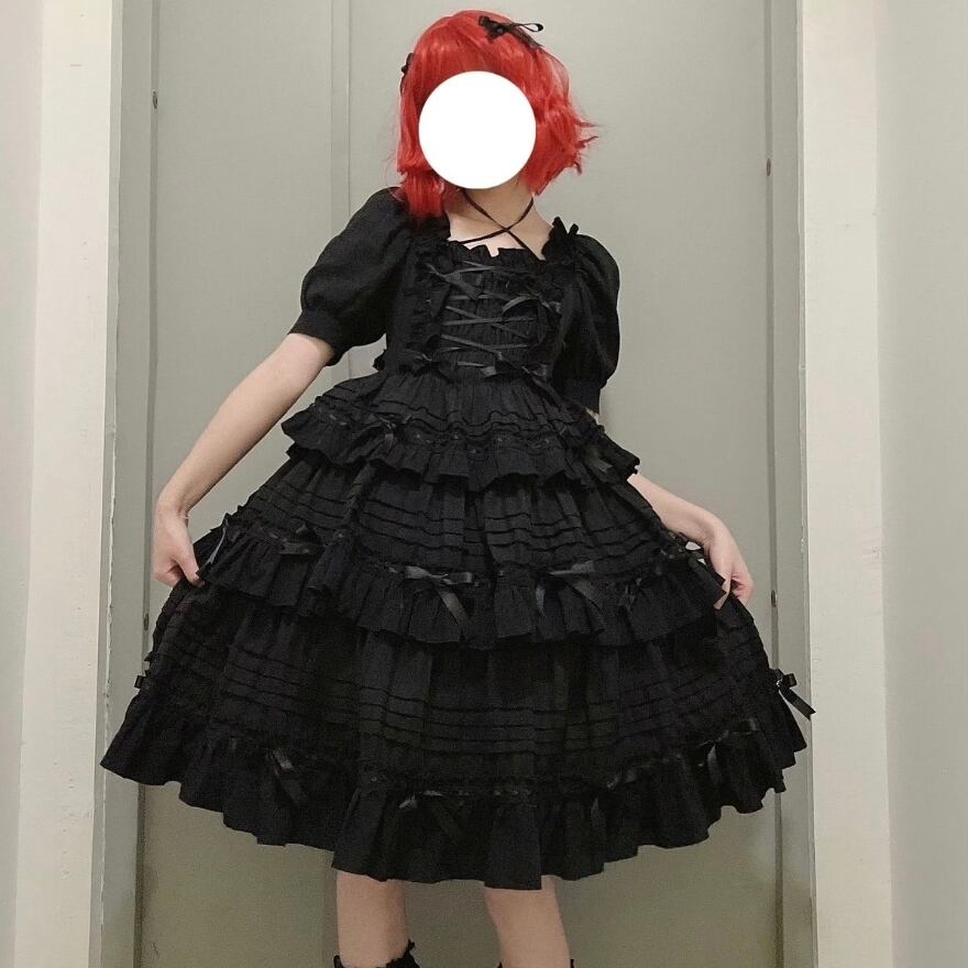 即納 ブラックM ゴスロリワンピース 半袖タイプ レースアップ