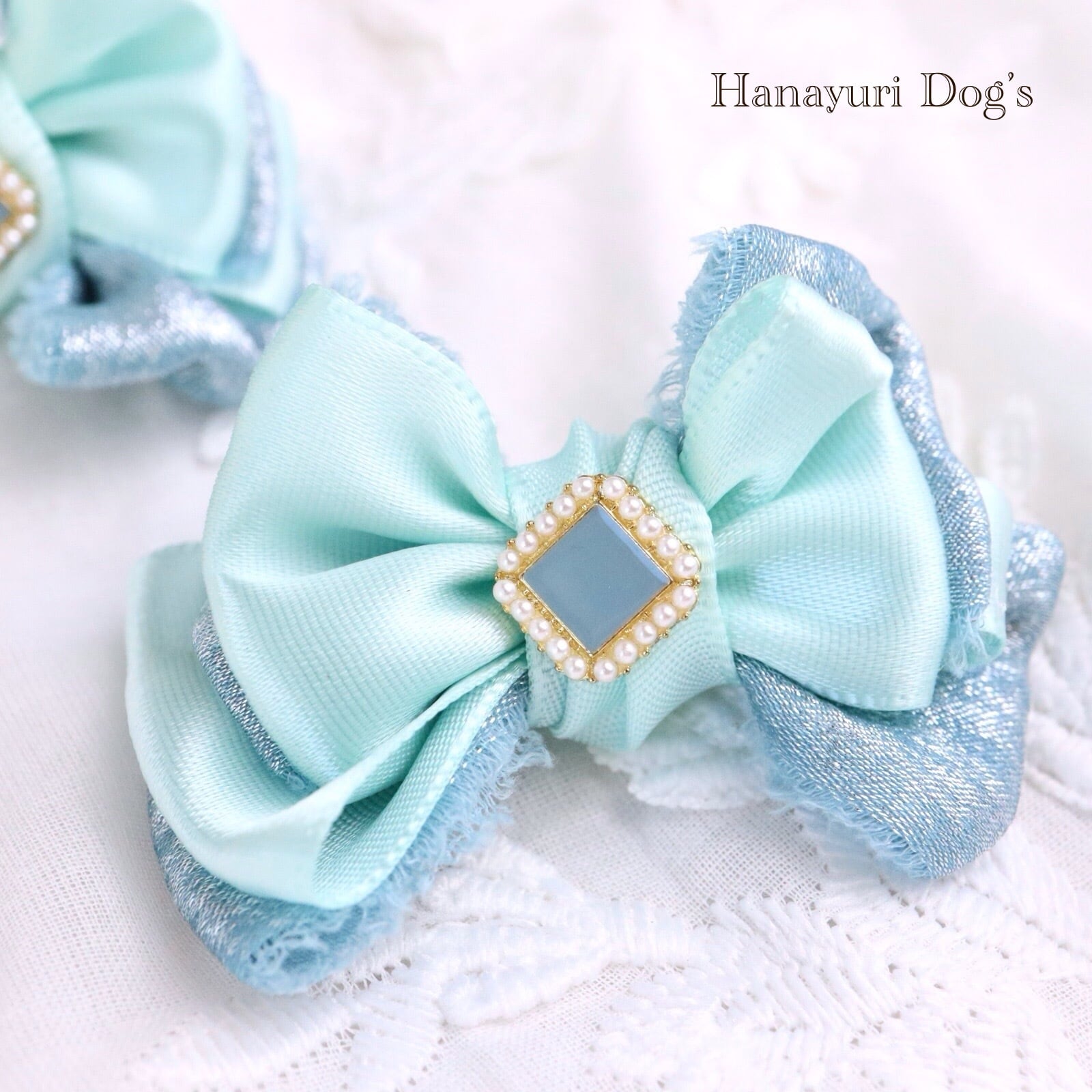 ブルーグリーン×シルバーブルー 犬バレッタ キッズ・子供リボン 猫