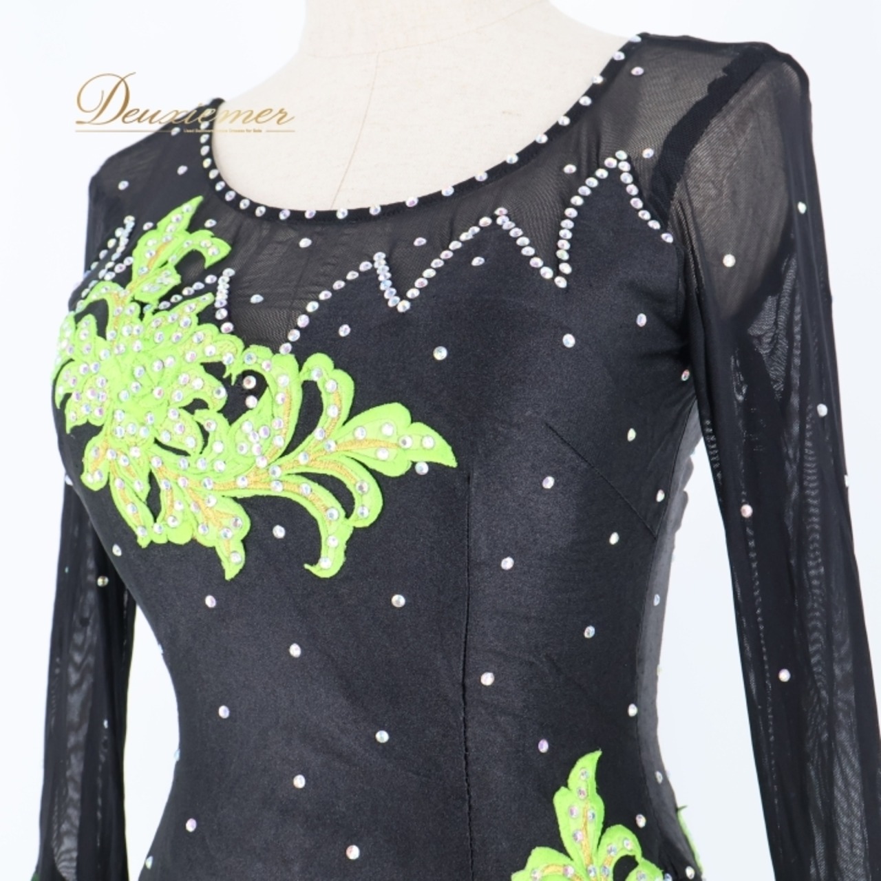 社交ダンス 衣装 スタンダードドレス ワンピース ドレス 黒 レース フリル デモ 競技 ダンス パーティ 発表会 緑 ブラック系 グリーン系 おしゃれ 大きな袖 上品 競技用 レオタード フォーマル 衣装