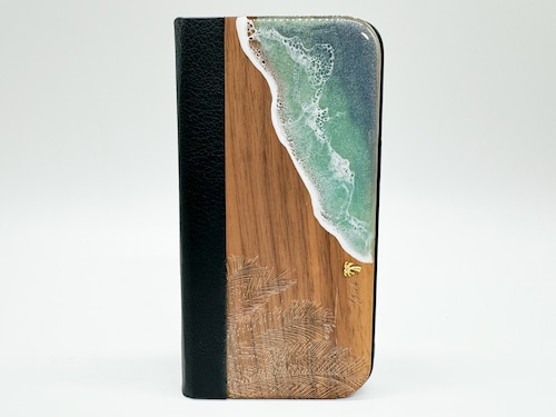 Palm leaf&wave/wood×resin blue wave 手帳型case(walnut)