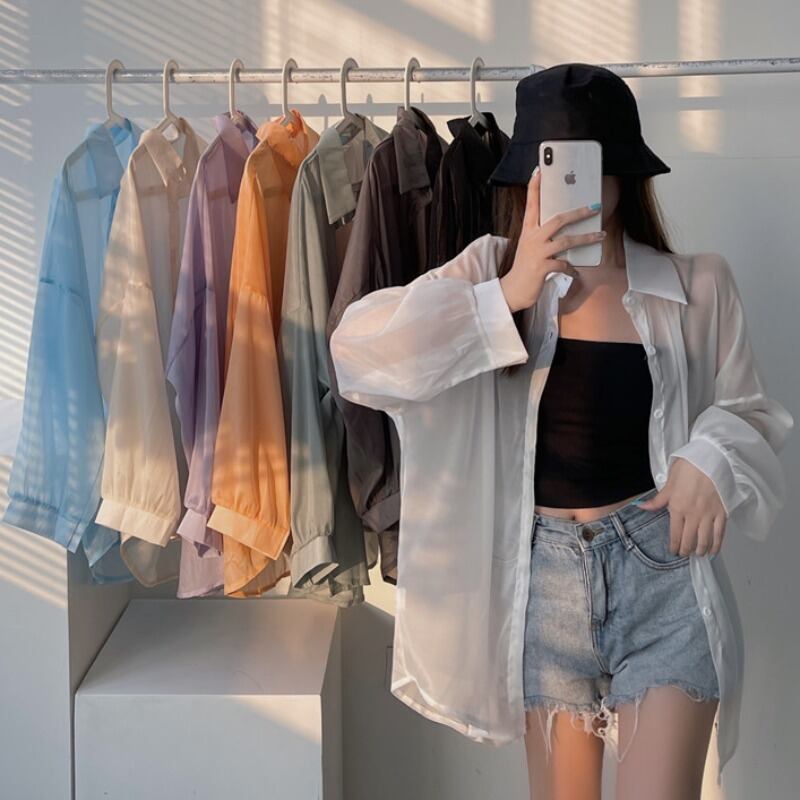 ホワイト薄手ブラウス サマーシフォン 夏物 パール 真珠 YY-ファッション76073389402