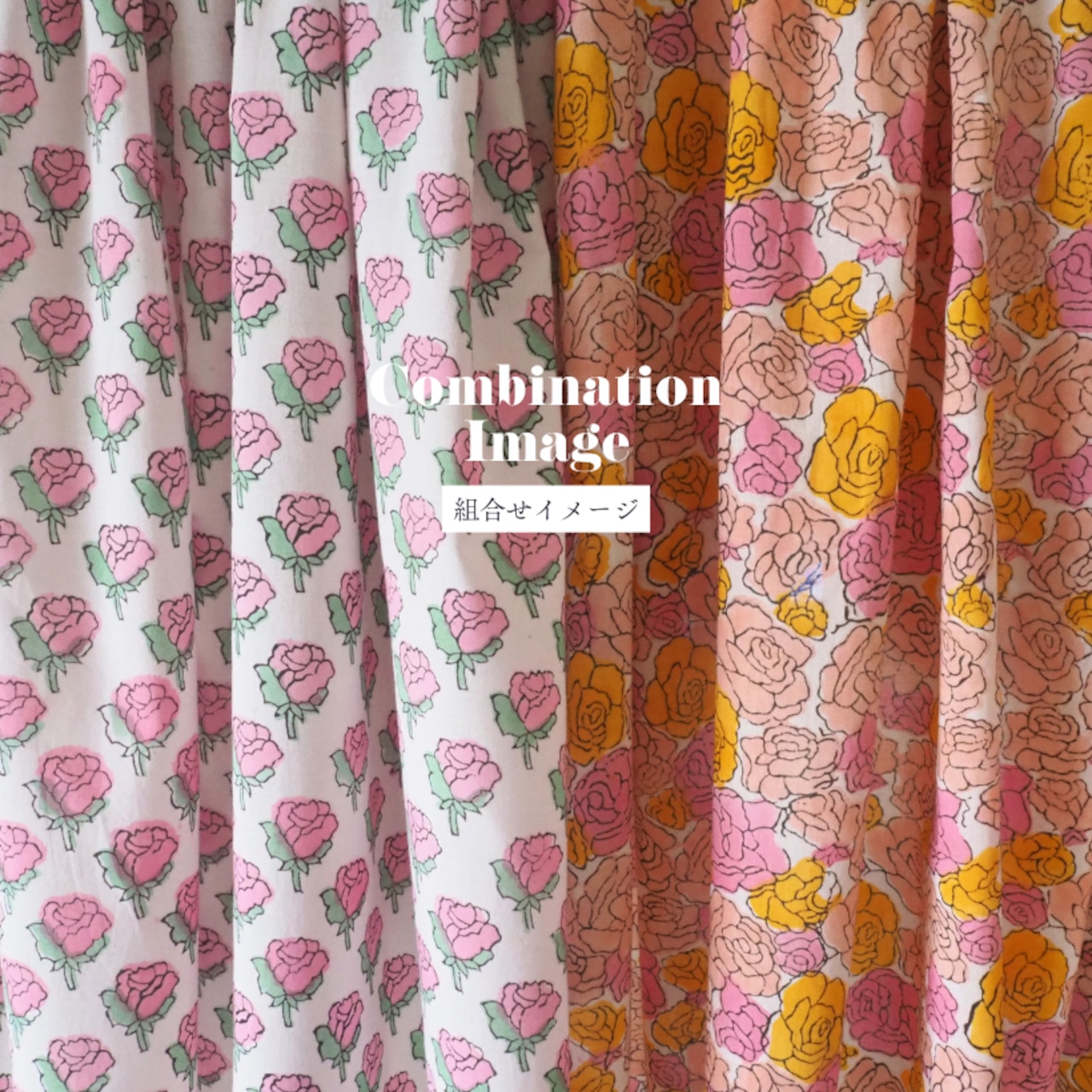 ブロックプリント生地【50cm単位】インド綿 小花柄 白×ピンク×グリーン #57729-WT2